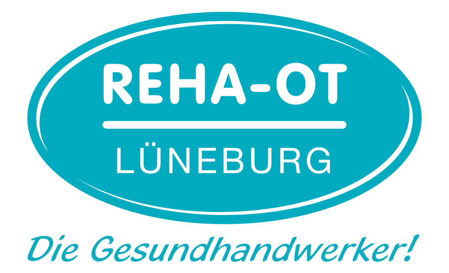 Blaues ovales Logo mit weißer Umrandung, darin der Schriftzug „REHA-OT“ in Großbuchstaben, darunter durch eine Linie getrennt „LÜNEBURG“ in Großbuchstaben. Unter dem Oval in kursiver Schrift der Slogan „Die Gesundhandwerker!“ in Türkis.