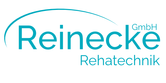 Schriftzug Reinecke Rehatechnik GmbH in türkis mit einem halbrunden Bogen über dem Namen, Logo eines Anbieters für Rehatechnik in Lüneburg.